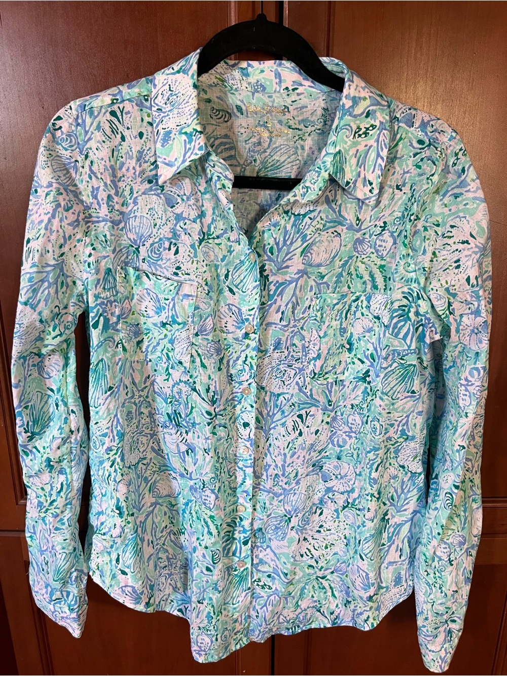 Lilly Pulitzer Soleil It On Me Shirt S Surf Blue 100% Linen Button Down